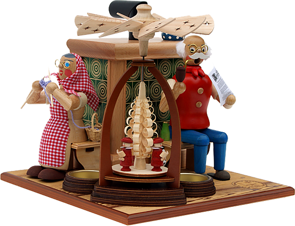 Oma und Opa Räucherfigur am Kachelofen mit Pyramide